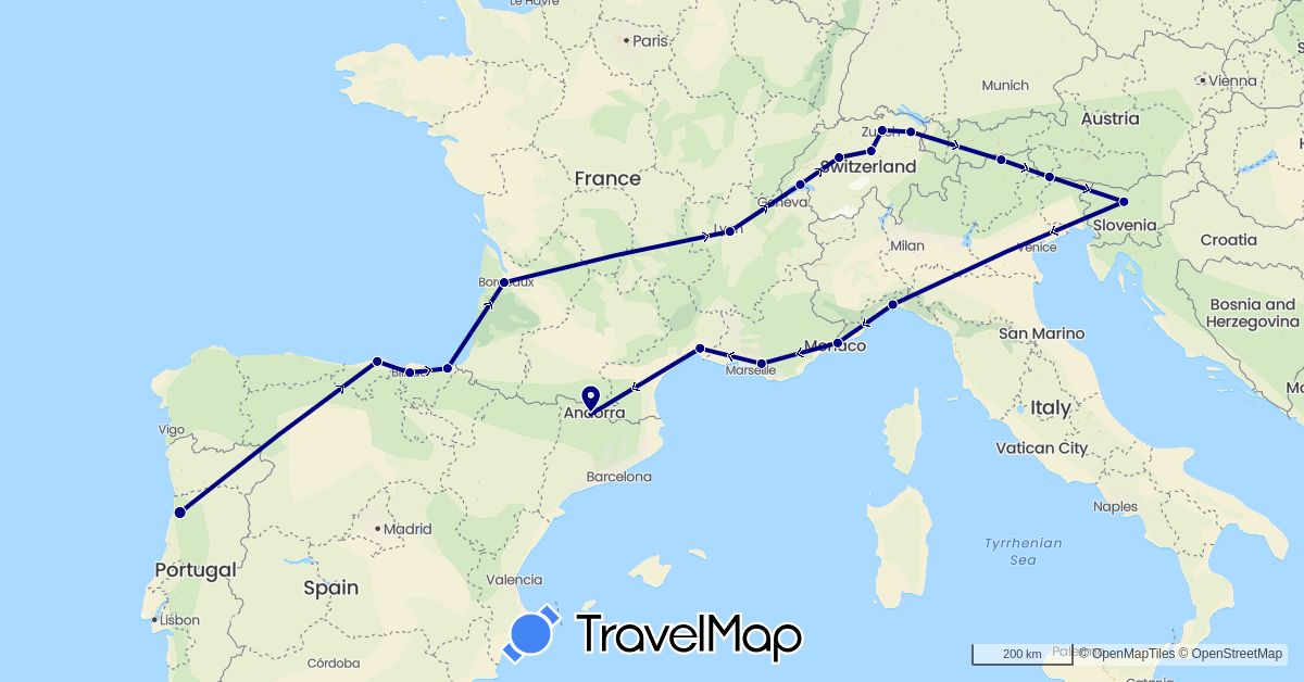 TravelMap itinerary: driving in Andorra, Switzerland, Spain, France, Italy, Portugal, Slovenia (Europe)